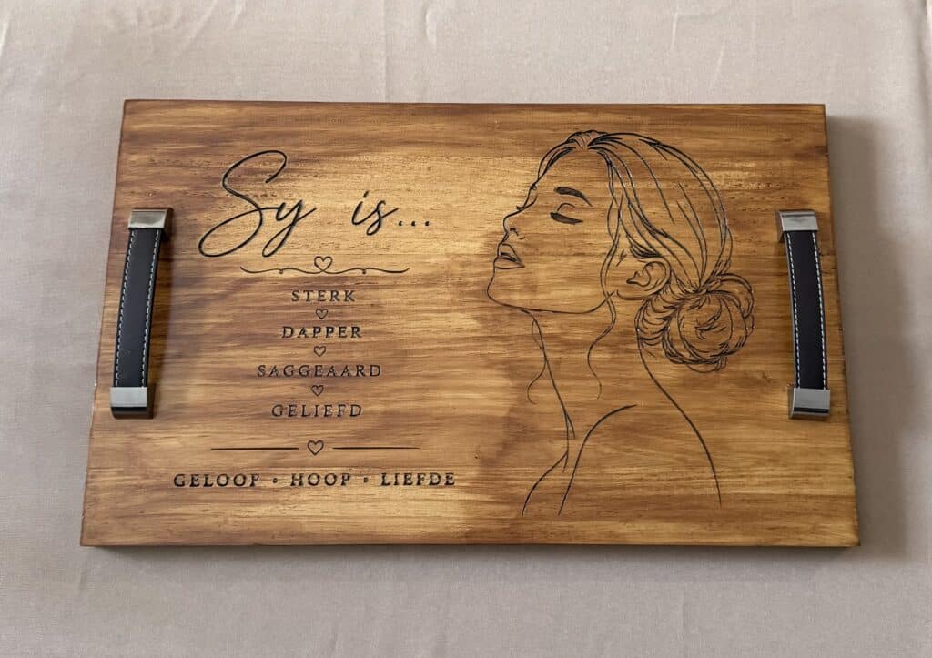 Personalised wooden serving tray with engraved inspirational words and woman line art